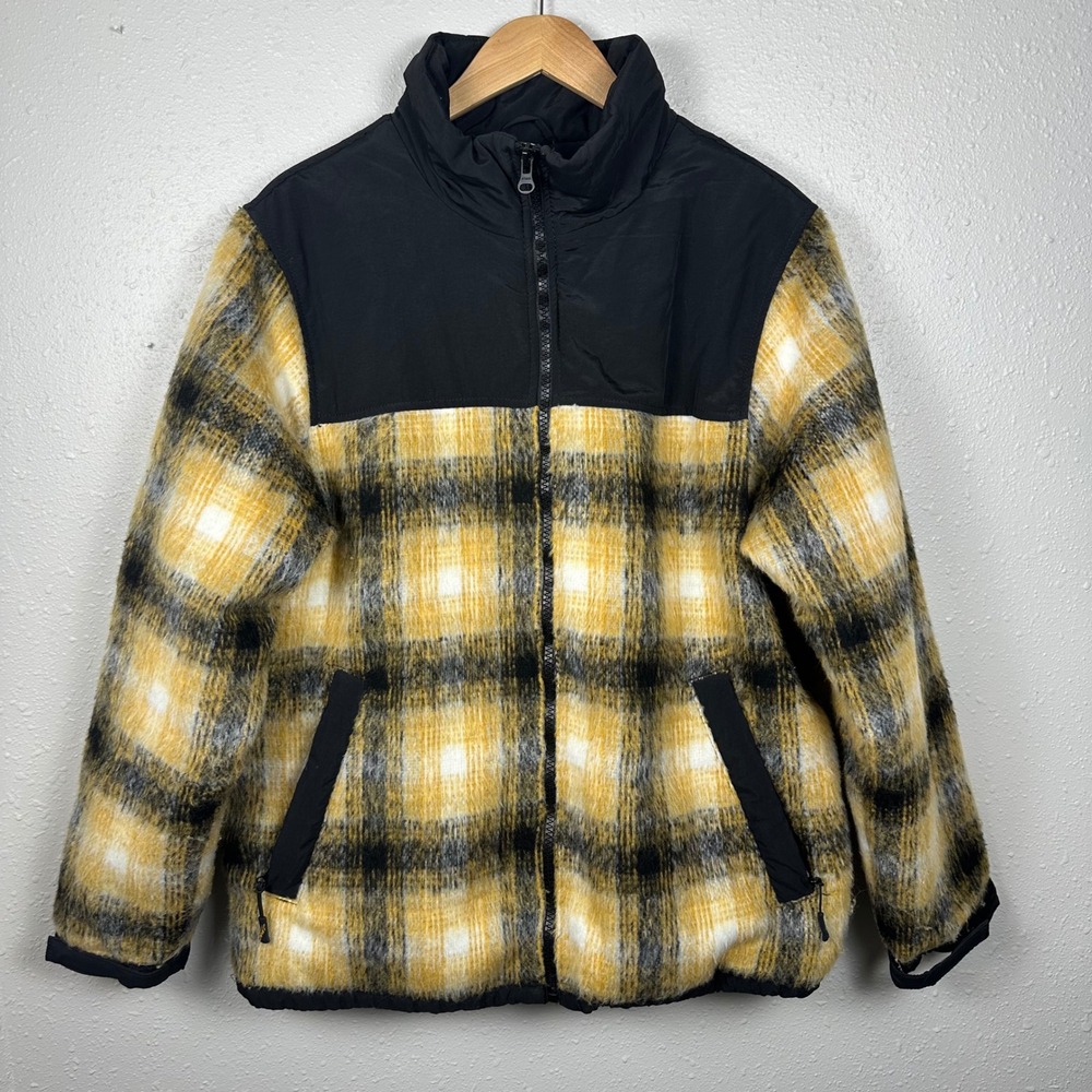 Pull & Bear STWD Mens L Coat Fleece Yellow Black Plaid Flannel Mock Neck Filled